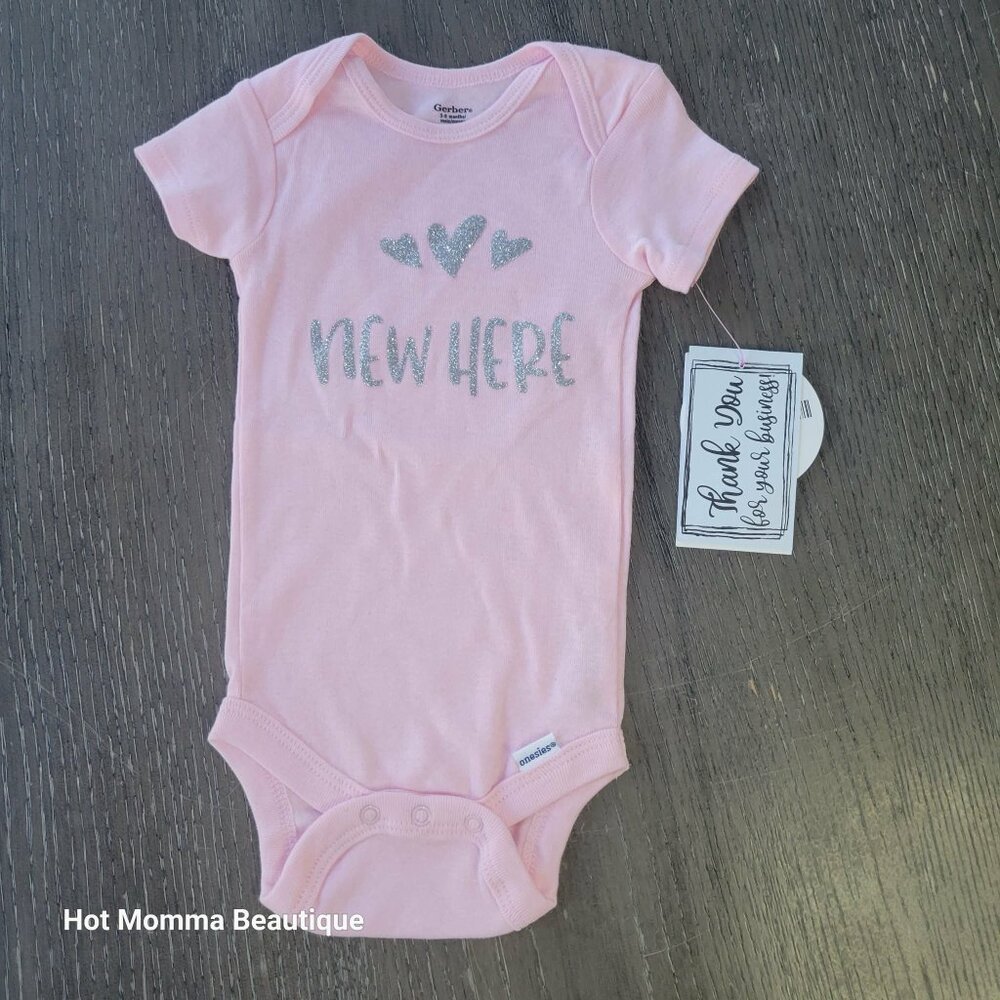 Pink Infant New Here Graphic Onsie 3-6M